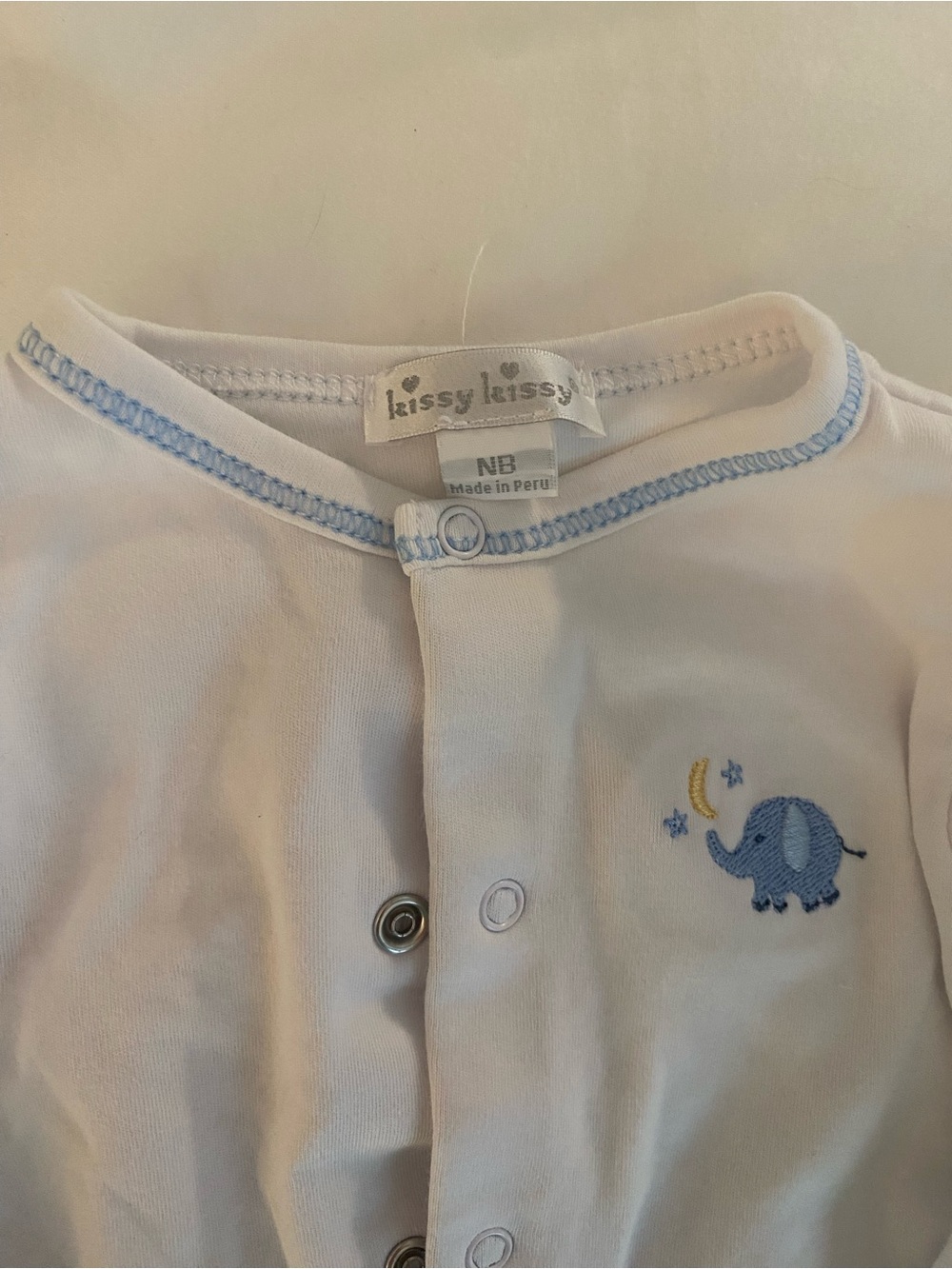Kissy Kissy White Pajama Set with Blue Elephant Embroidery